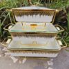 1000576521.jpg 3-Piece White & Gold Ceramic Chaffing Dish Food Warmer Set with Glass Lids