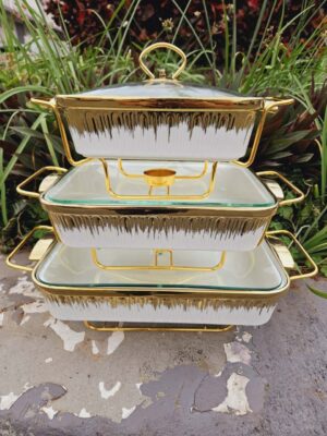 1000576521.jpg 3-Piece White & Gold Ceramic Chaffing Dish Food Warmer Set with Glass Lids