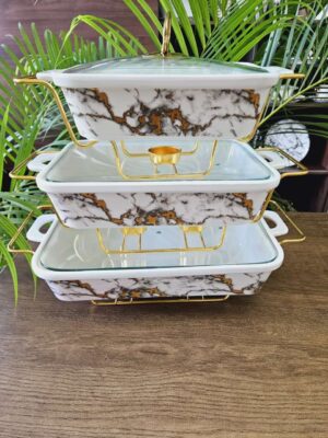 1000576523.jpg 3-Piece White & Gold Ceramic Chaffing Dish Food Warmer Set with Glass Lids