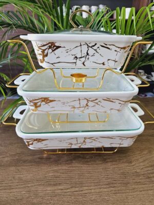1000576525.jpg 3-Piece White & Gold Ceramic Chaffing Dish Food Warmer Set with Glass Lids