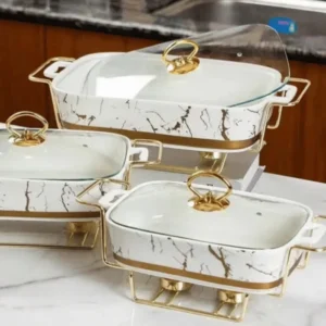 Chafing-dishes.webp 3-Piece White & Gold Ceramic Chaffing Dish Food Warmer Set with Glass Lids